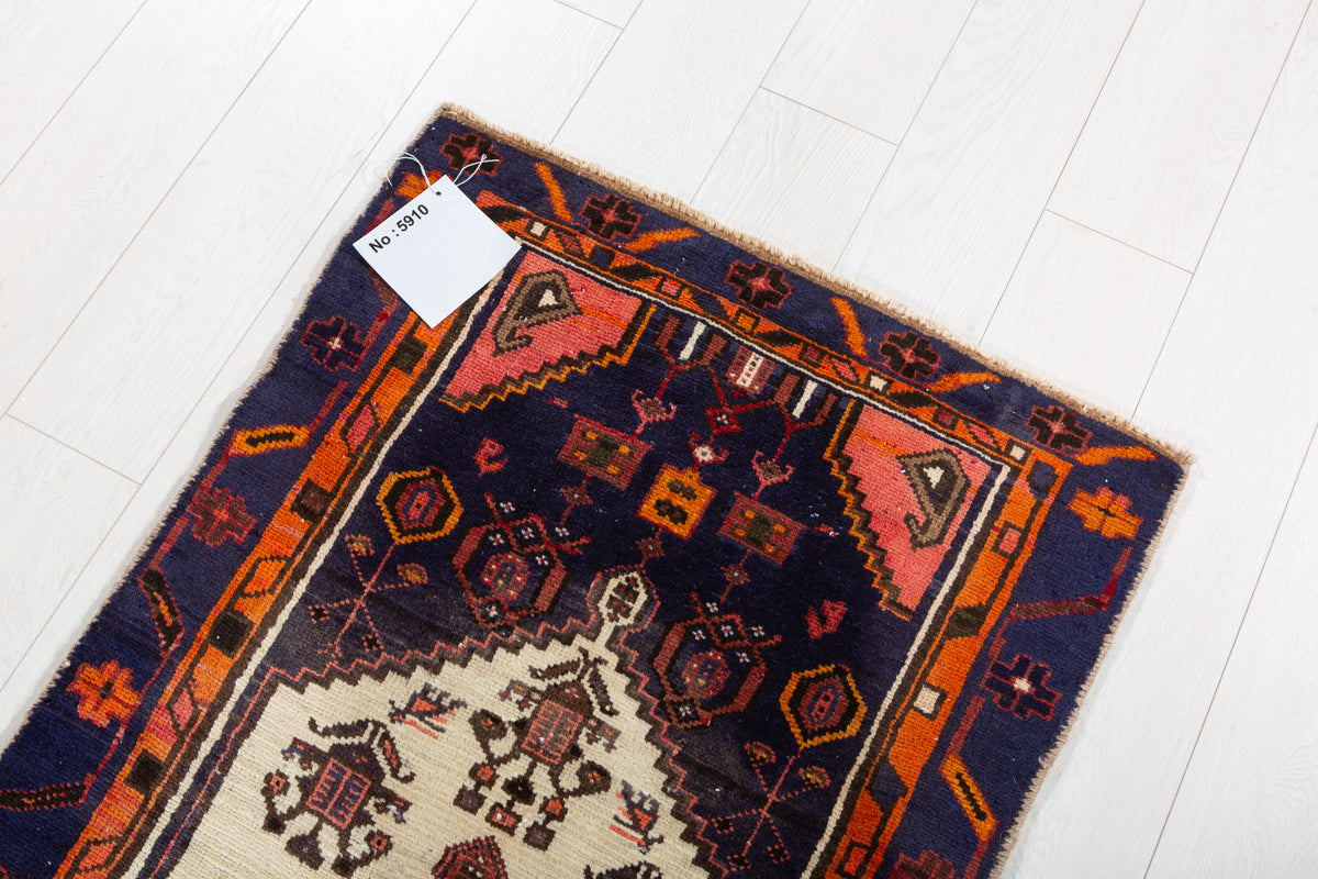Small Vintage Navy Blue, Orange & Beige Rug – 4' 6" x 2' 5" (136 x 73 cm)