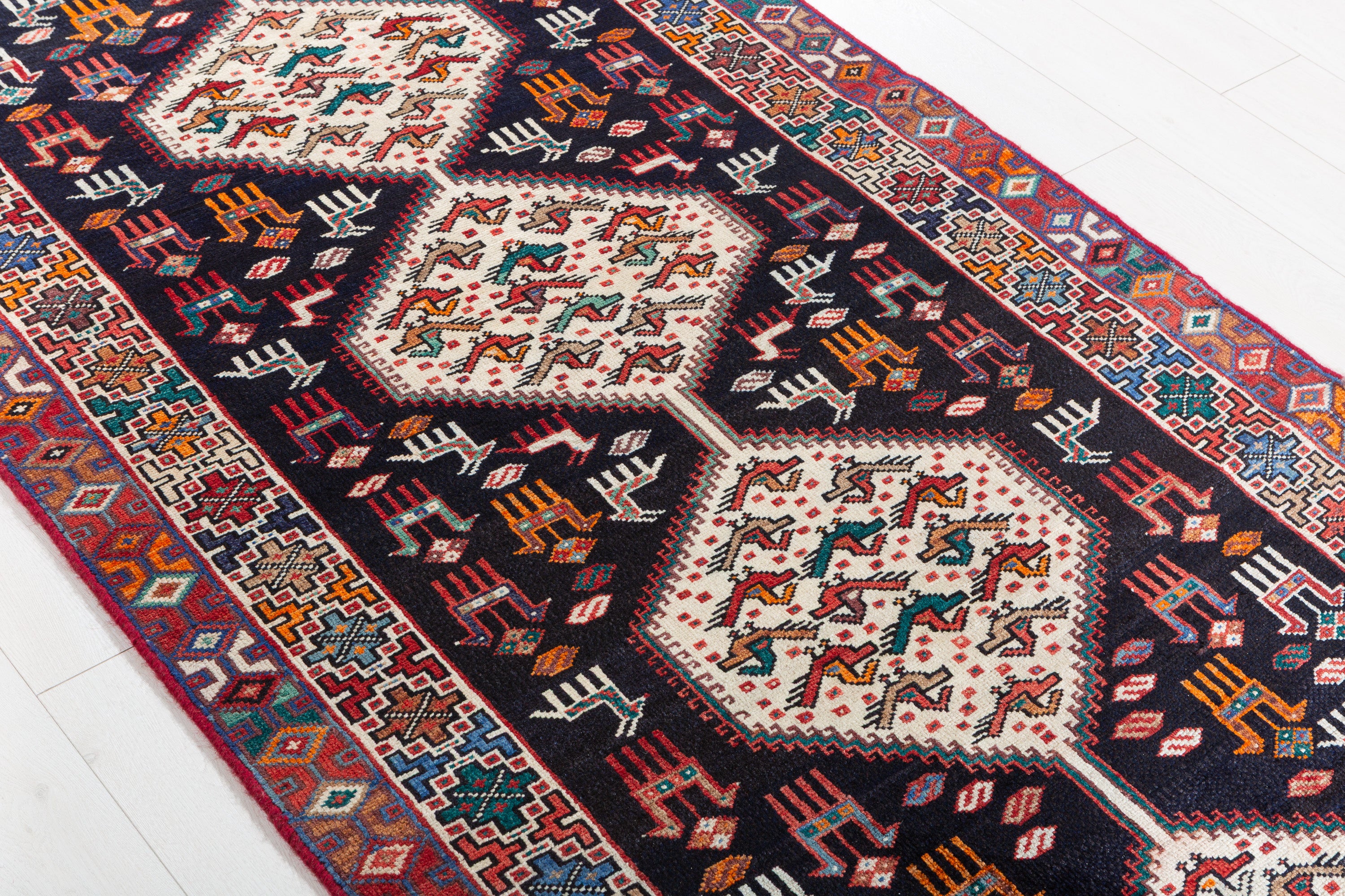 Hand-Knotted Vintage Wool Navy & Ivory Azerbaijan Runner, 9 ft Long – 9' 1" x 3' 7" (278 x 109 cm)