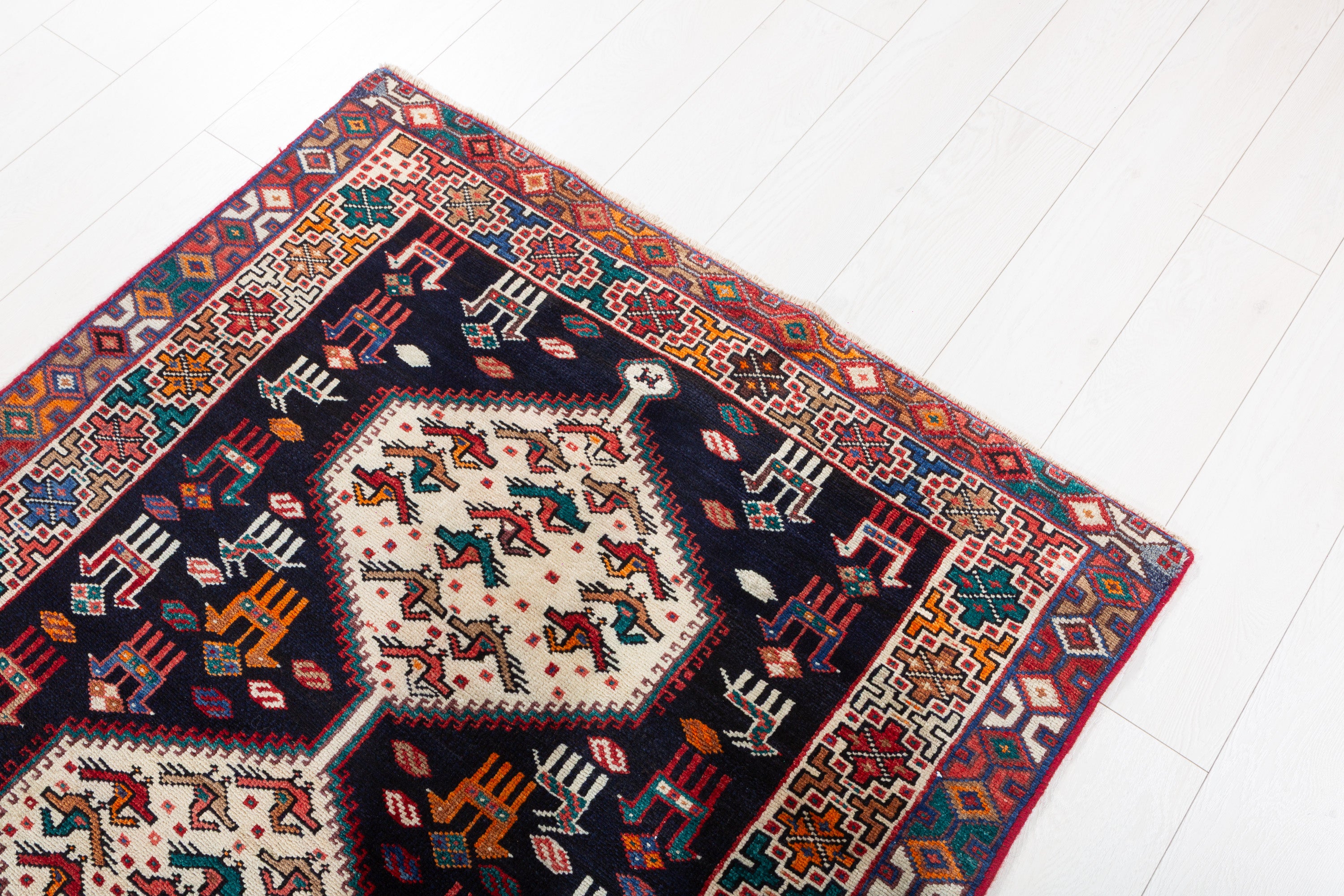 Hand-Knotted Vintage Wool Navy & Ivory Azerbaijan Runner, 9 ft Long – 9' 1" x 3' 7" (278 x 109 cm)