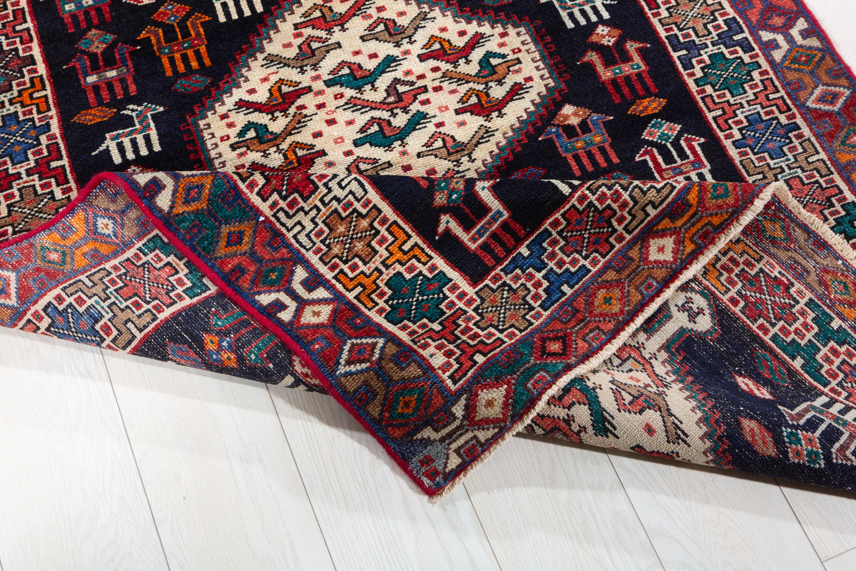 Hand-Knotted Vintage Wool Navy & Ivory Azerbaijan Runner, 9 ft Long – 9' 1" x 3' 7" (278 x 109 cm)