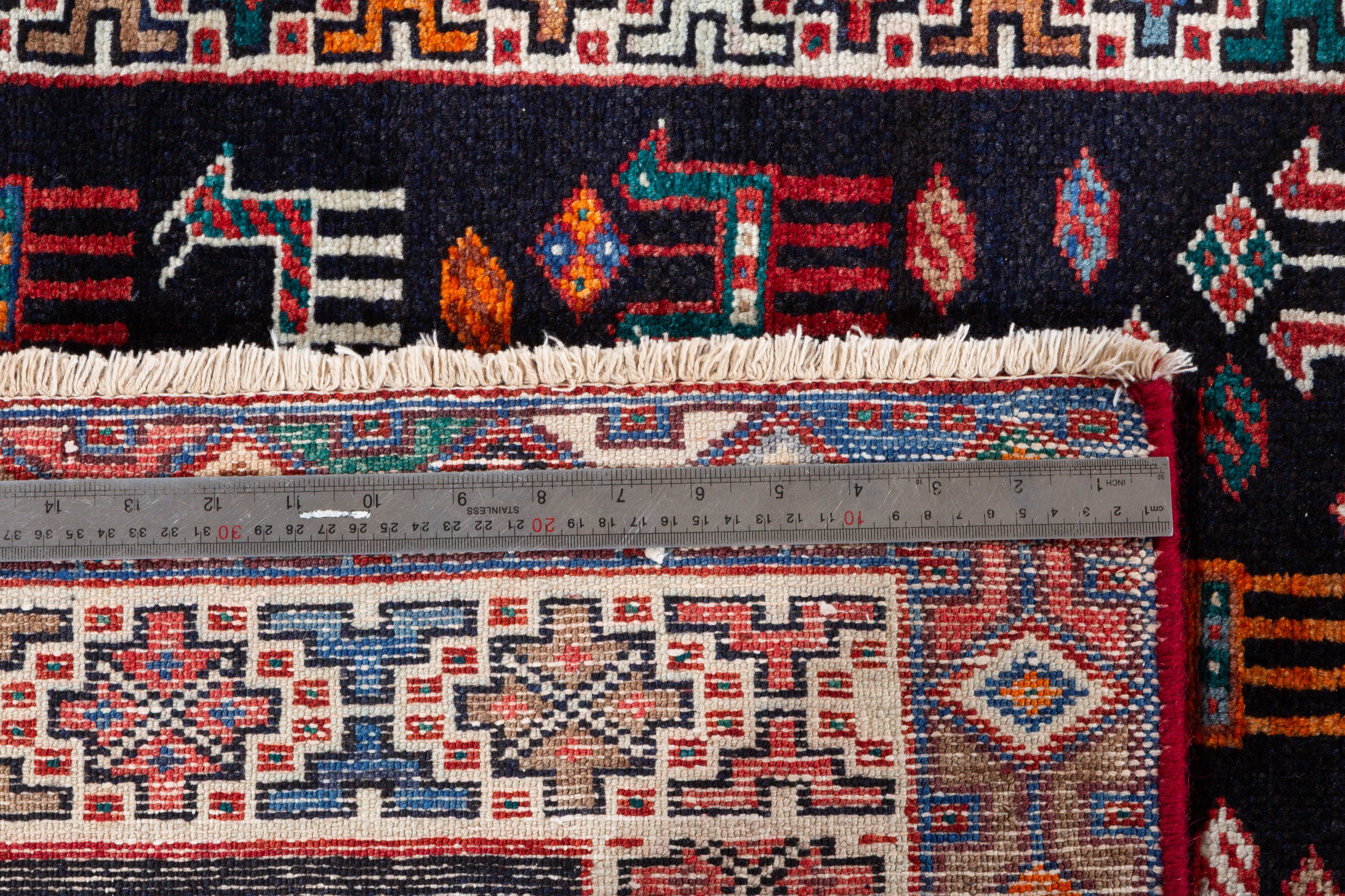 Hand-Knotted Vintage Wool Navy & Ivory Azerbaijan Runner, 9 ft Long – 9' 1" x 3' 7" (278 x 109 cm)