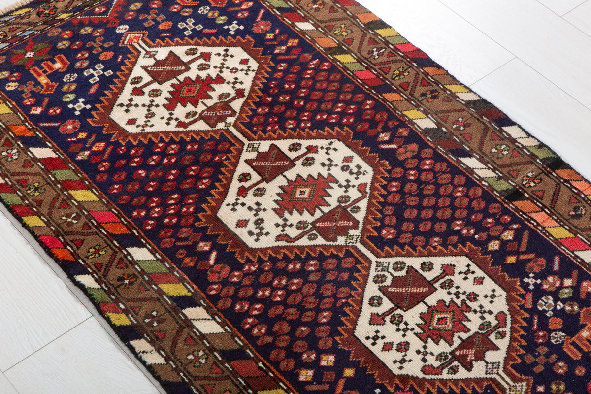 Small Vintage Navy Blue & Brown Rug – 4' 1" x 2' 5" (125 x 74 cm)