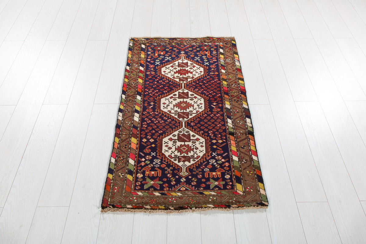 Small Vintage Navy Blue & Brown Rug – 4' 1" x 2' 5" (125 x 74 cm)
