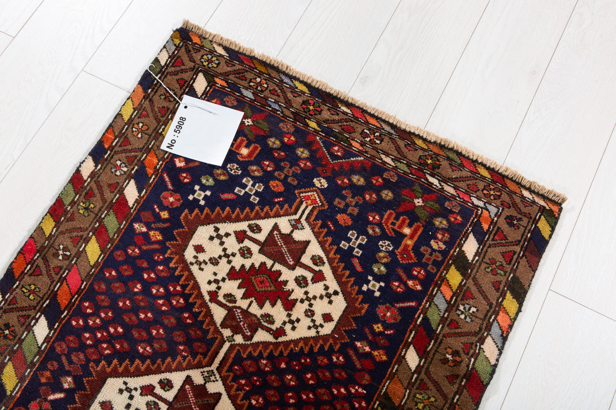 Small Vintage Navy Blue & Brown Rug – 4' 1" x 2' 5" (125 x 74 cm)