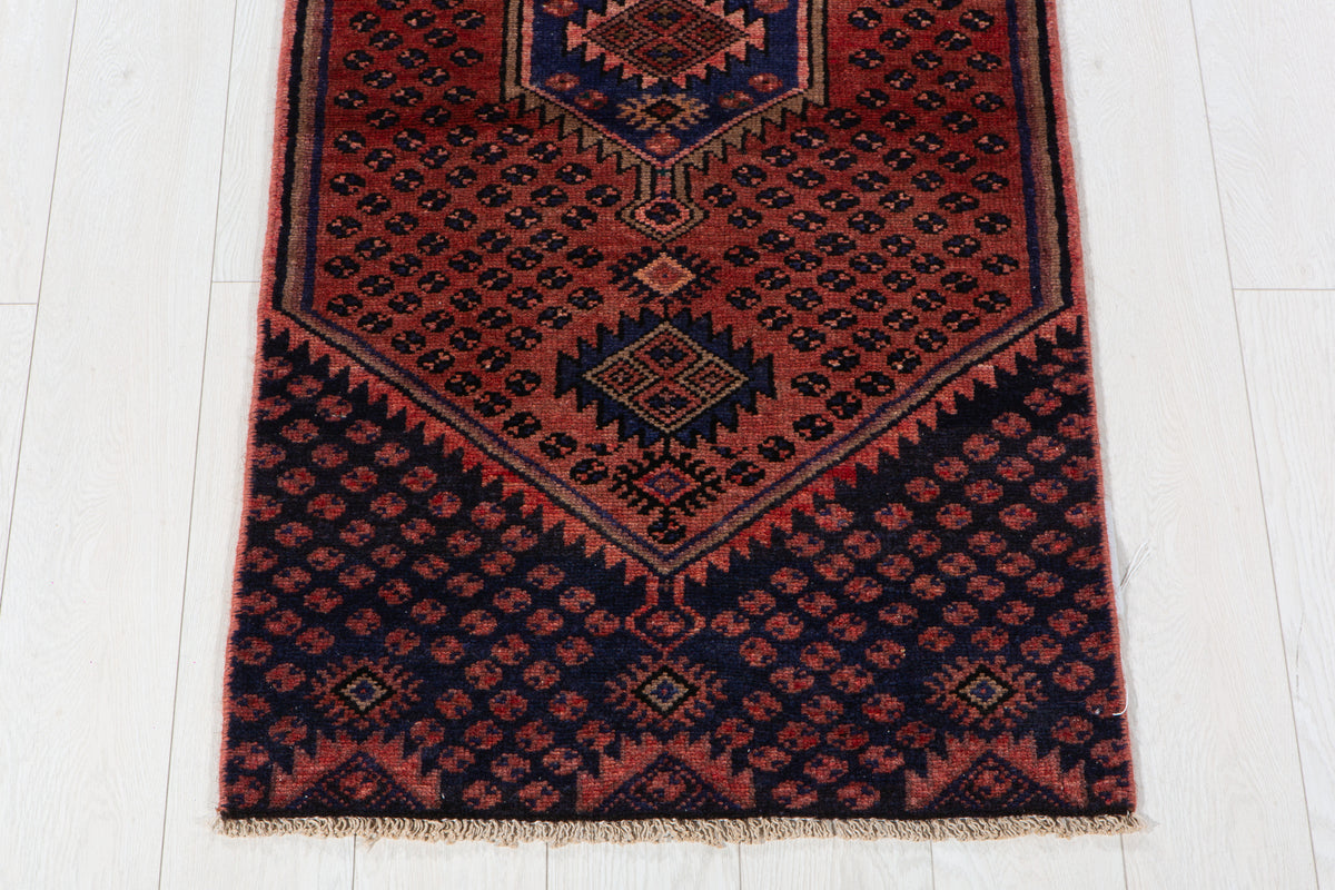 Small Vintage Rust Red & Navy Blue Rug – 4' 11" x 2' 4" (149 x 70 cm)