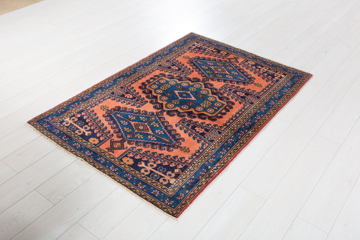 Small Vintage Orange-Red & Blue Rug – 5' 0" x 3' 5" (153 x 104 cm)