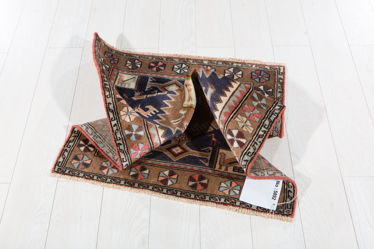 Small Vintage Navy Blue, Brown Rug – 3' 7" x 2' 6" (109 x 75 cm)