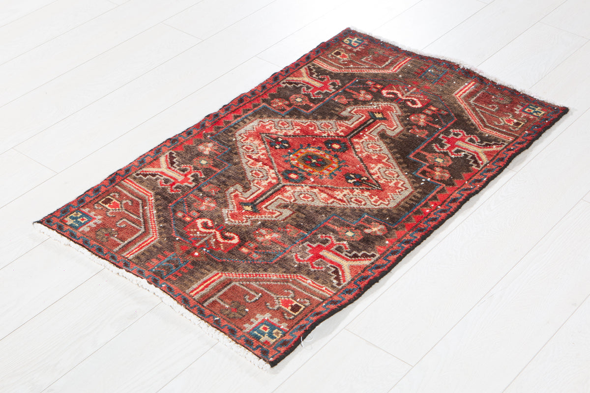 Small Antique Charcoal Black, Rust Red Rug – 3' 4" x 2' 0" (101 x 60 cm)