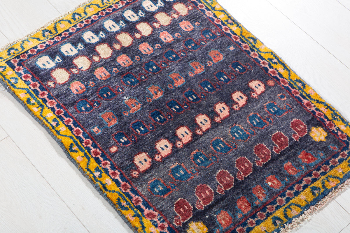 Small Vintage Navy Blue, Yellow Rug – 2' 5" x 1' 10" (73 x 55 cm)