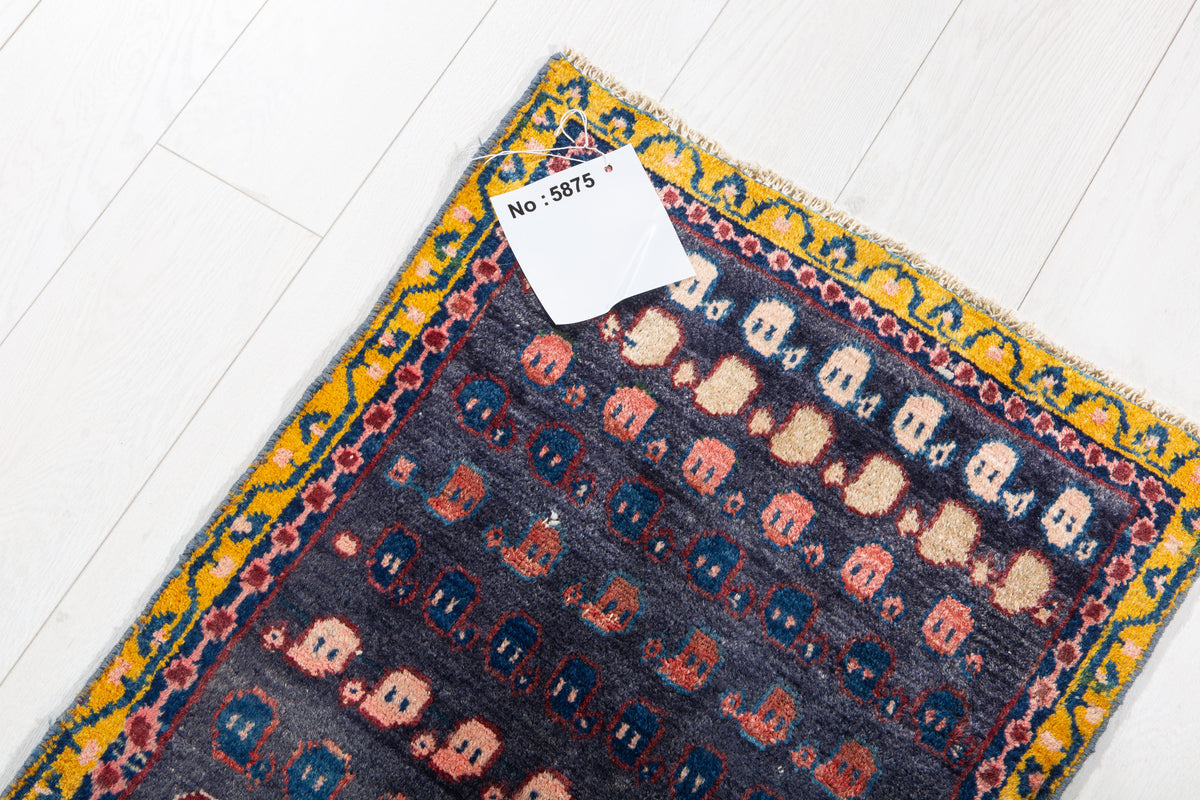 Small Vintage Navy Blue, Yellow Rug – 2' 5" x 1' 10" (73 x 55 cm)