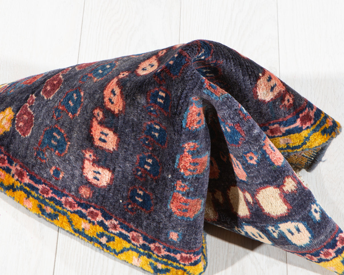 Small Vintage Navy Blue, Yellow Rug – 2' 5" x 1' 10" (73 x 55 cm)