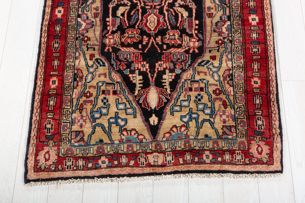 Antique Deep Navy Blue, Red and Brown Area Rug – 9' 7" x 3' 8" (292 x 113 cm)