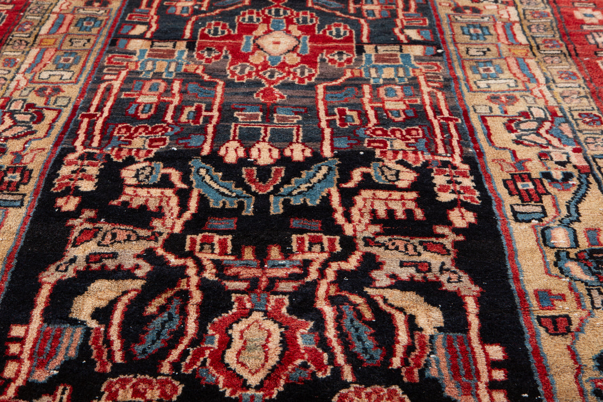 Antique Deep Navy Blue, Red and Brown Area Rug – 9' 7" x 3' 8" (292 x 113 cm)