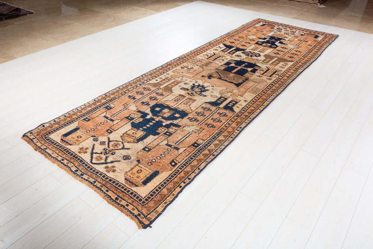 Antique Faded Peach and Beige Area Rug – 12' 4" x 4' 1" (377 x 125 cm)