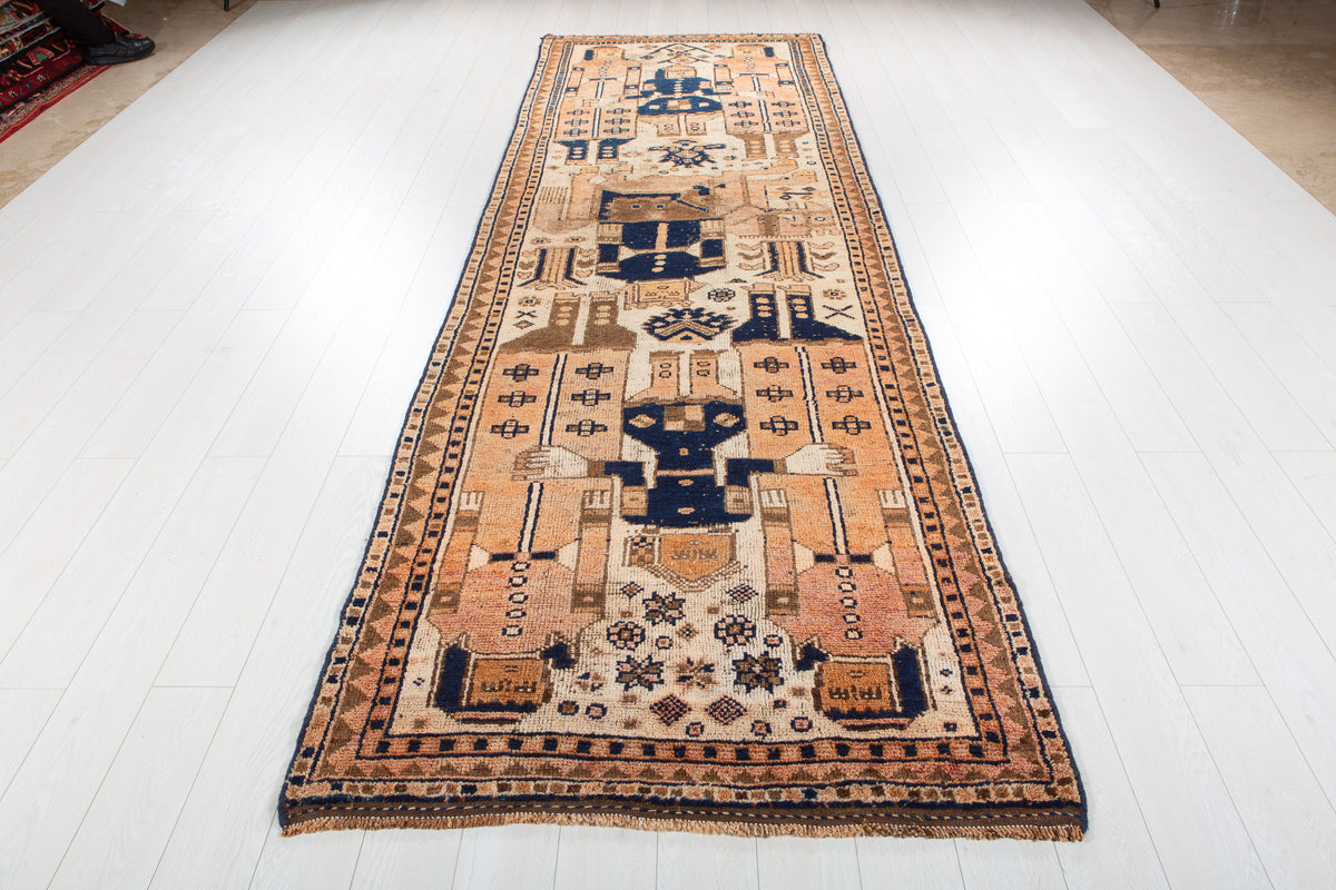 Antique Faded Peach and Beige Area Rug – 12' 4" x 4' 1" (377 x 125 cm)