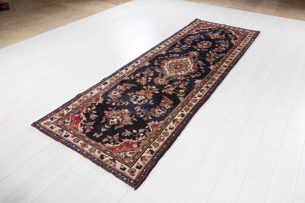 Vintage Deep Navy Blue Geometric Runner Rug – 10' 4" x 3' 5" (314 x 105 cm)