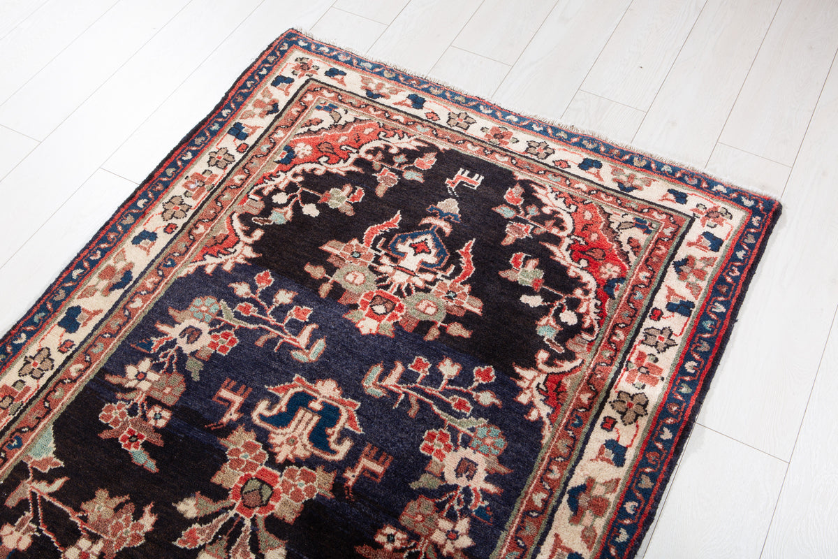 Vintage Deep Navy Blue Geometric Runner Rug – 10' 4" x 3' 5" (314 x 105 cm)