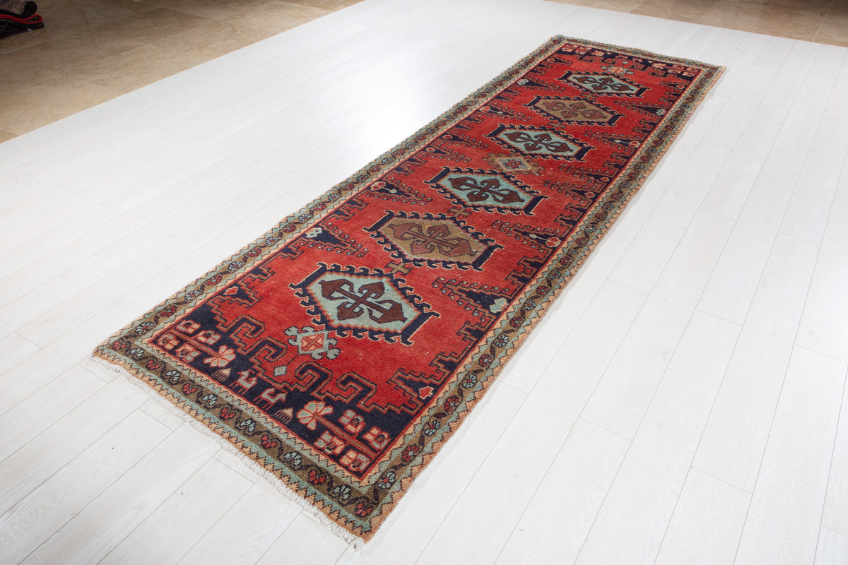 Vintage Orange-Red Geometric Runner Rug – 11' 3" x 3' 6" (342 x 106 cm)
