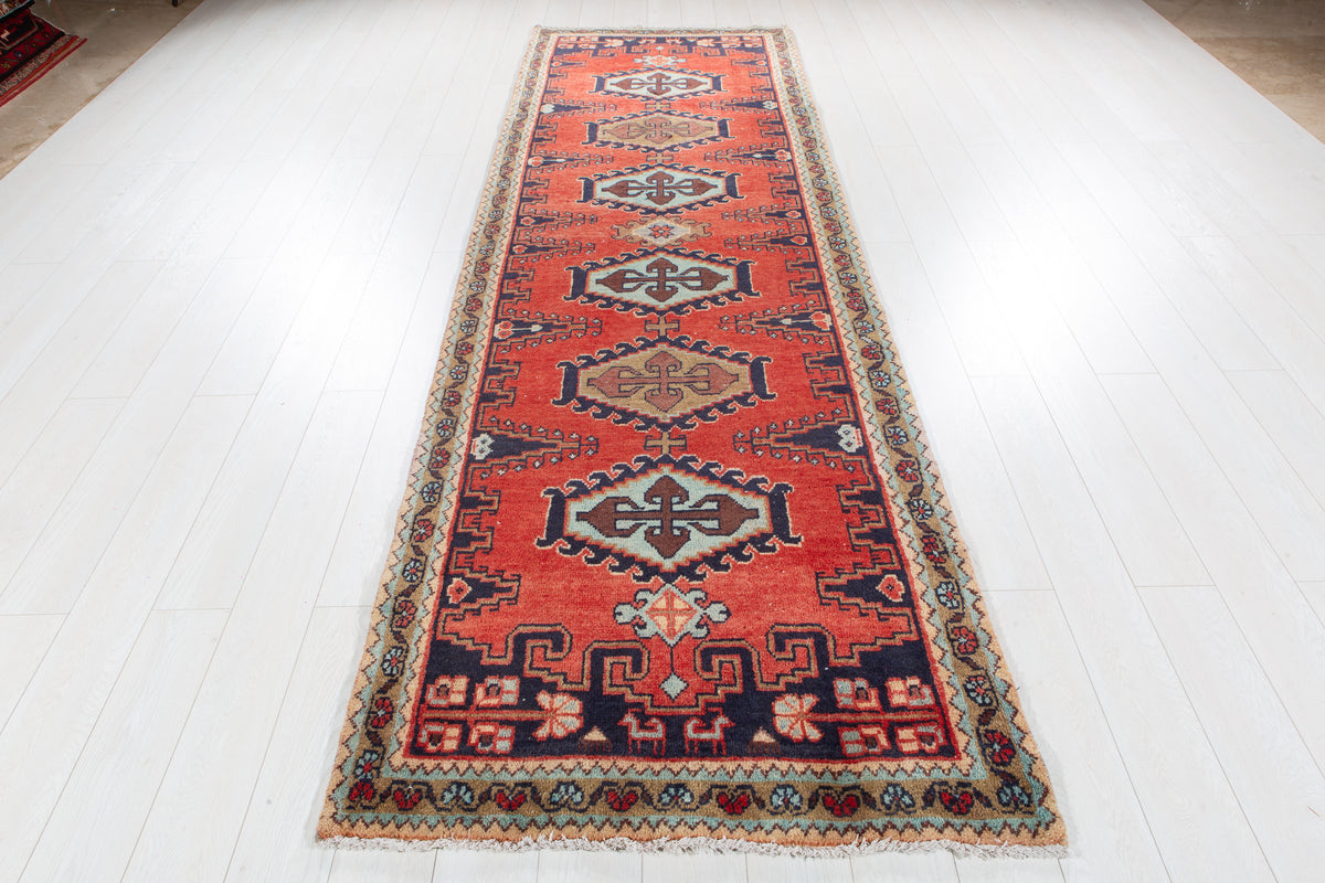 Vintage Orange-Red Geometric Runner Rug – 11' 3" x 3' 6" (342 x 106 cm)