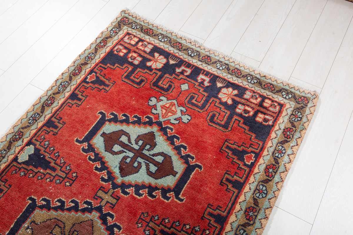 Vintage Orange-Red Geometric Runner Rug – 11' 3" x 3' 6" (342 x 106 cm)