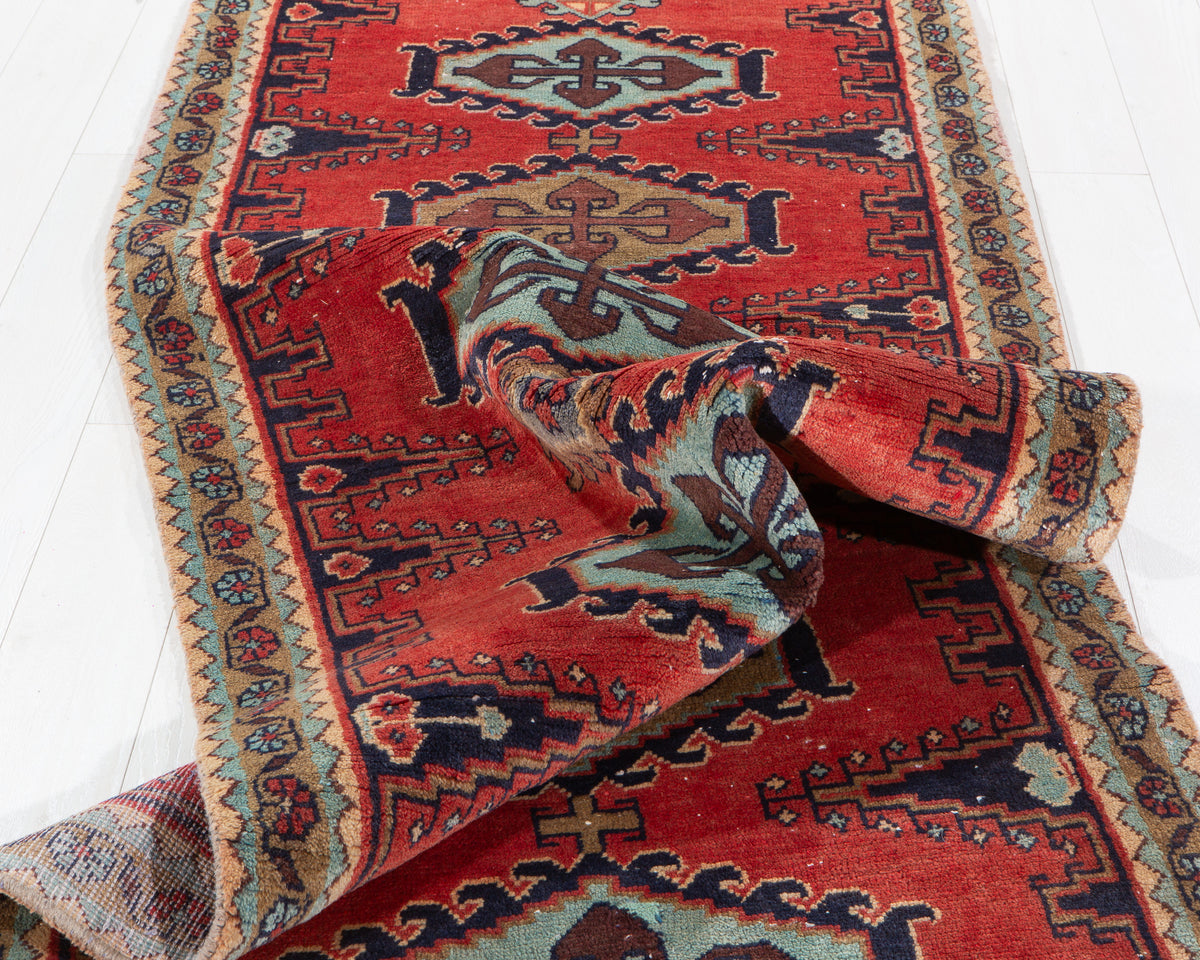 Vintage Orange-Red Geometric Runner Rug – 11' 3" x 3' 6" (342 x 106 cm)