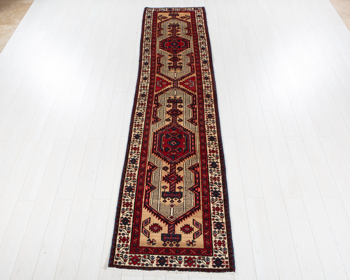 Antique Camel Brown Geometric Runner Rug – 11' 4" x 2' 8" (345 x 81 cm)