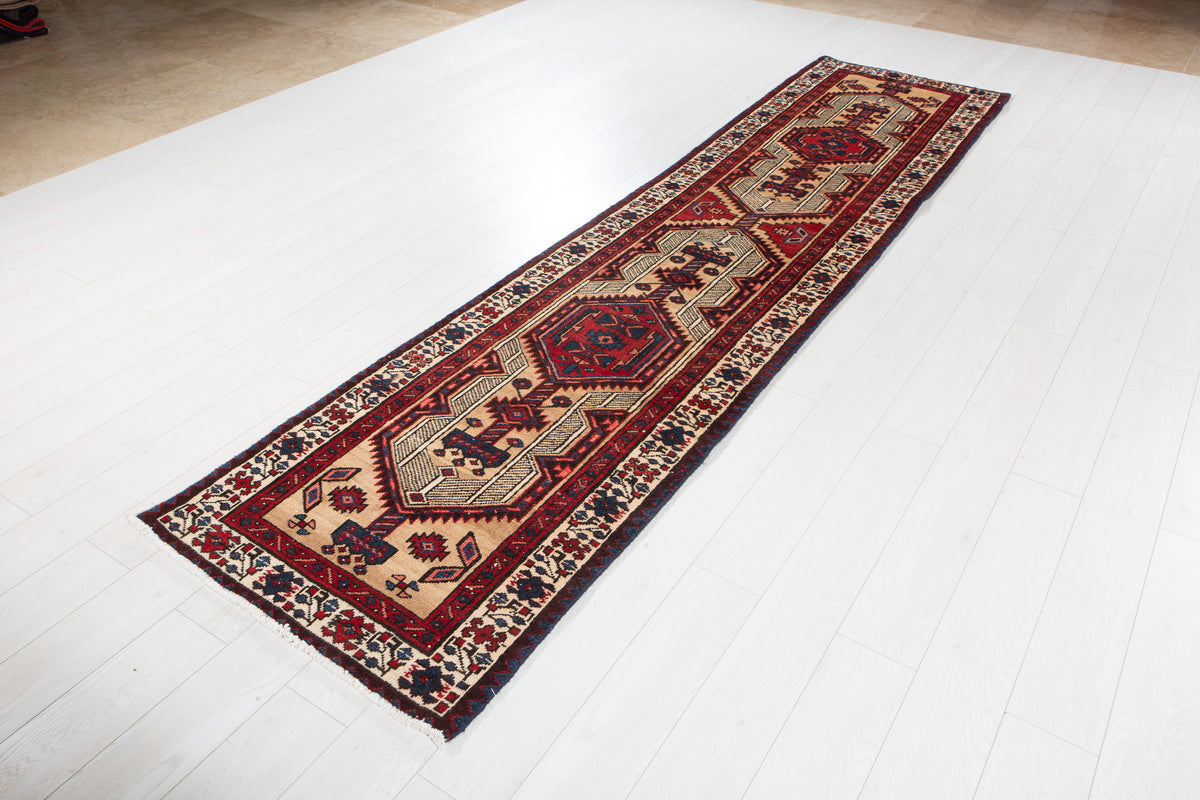 Antique Camel Brown Geometric Runner Rug – 11' 4" x 2' 8" (345 x 81 cm)