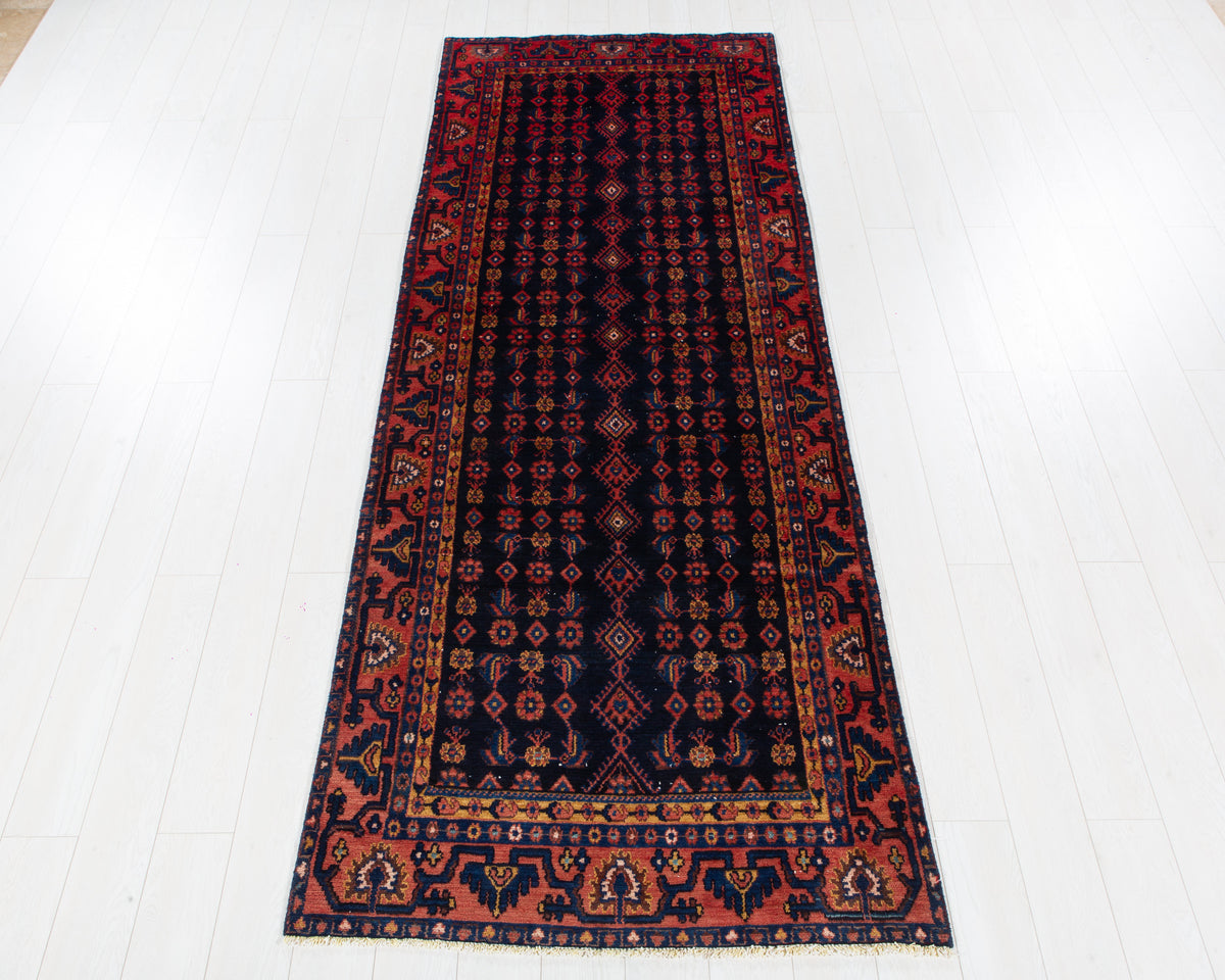 Vintage Deep Navy Blue Geometric Runner Rug – 10' 4" x 3' 9" (314 x 114 cm)