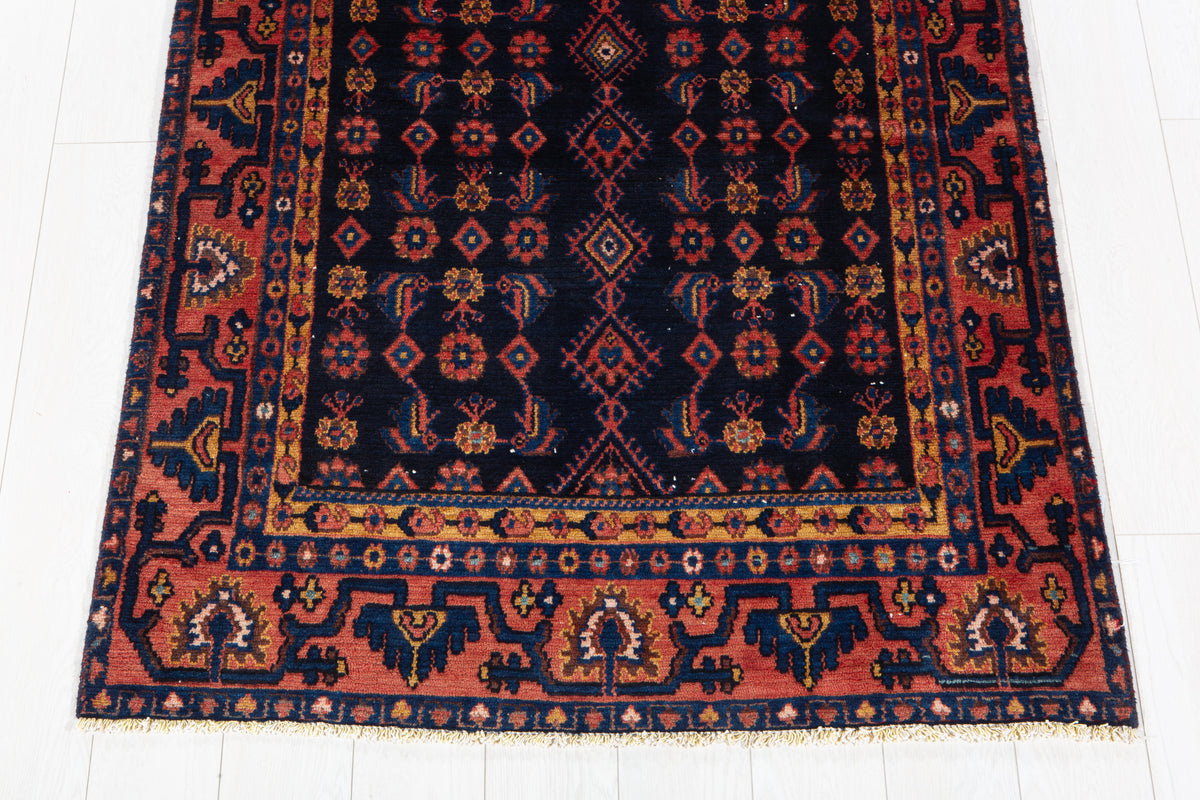 Vintage Deep Navy Blue Geometric Runner Rug – 10' 4" x 3' 9" (314 x 114 cm)