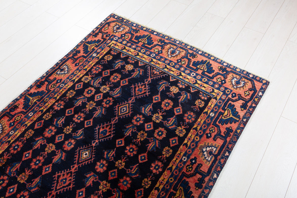 Vintage Deep Navy Blue Geometric Runner Rug – 10' 4" x 3' 9" (314 x 114 cm)