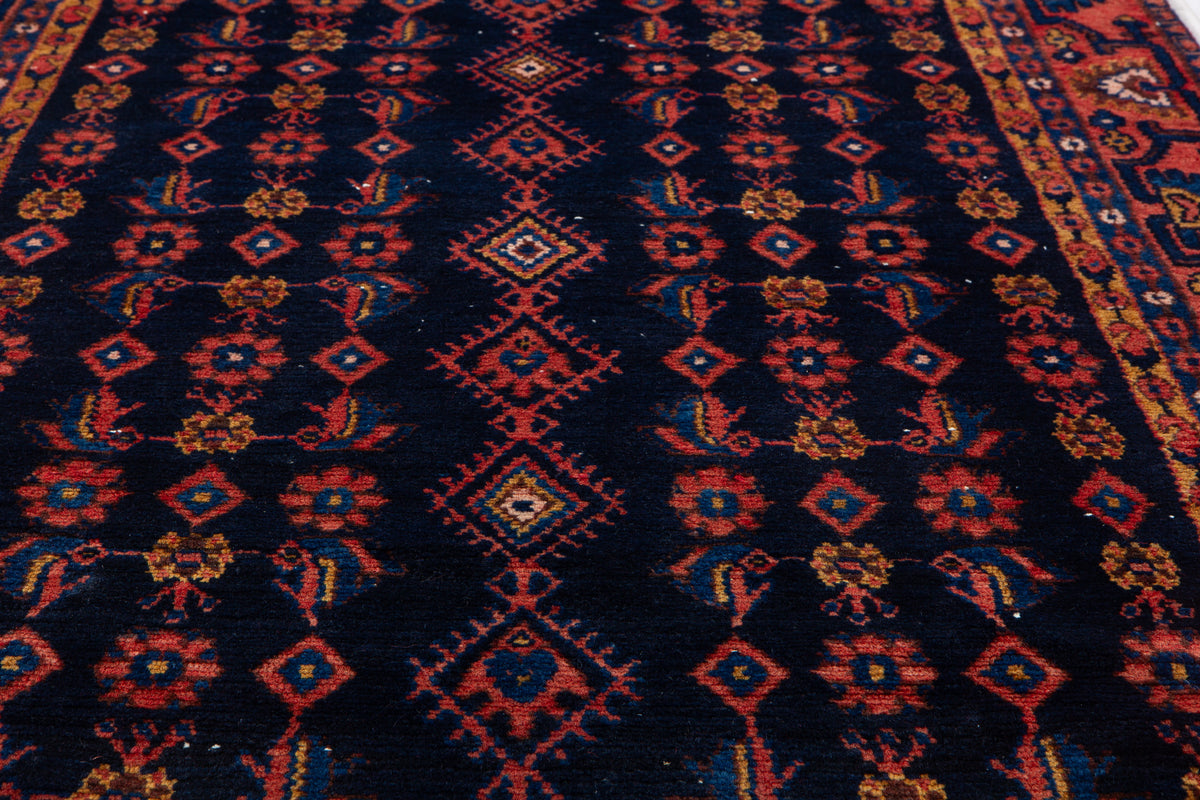 Vintage Deep Navy Blue Geometric Runner Rug – 10' 4" x 3' 9" (314 x 114 cm)