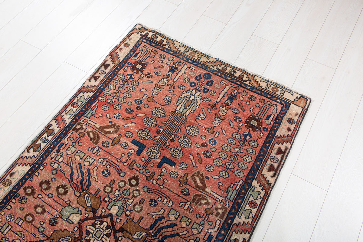 Antique Faded Rust Red Geometric Runner Rug – 7' 11" x 3' 1" (242 x 95 cm)