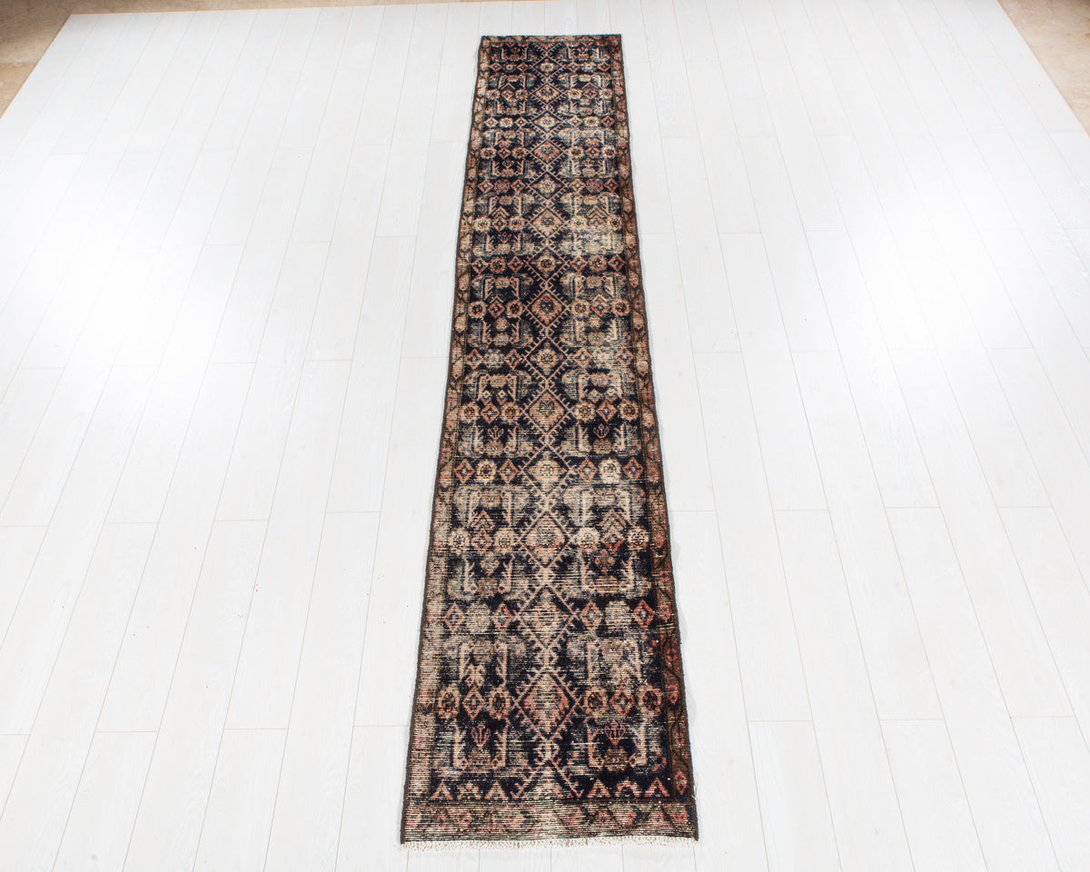Antique Deep Navy Blue Geometric Runner Rug – 11' 7" x 2' 0" (353 x 60 cm)
