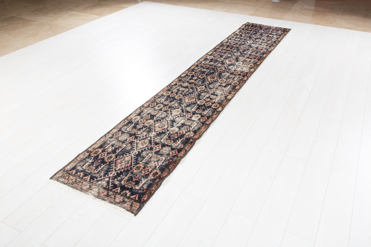 Antique Deep Navy Blue Geometric Runner Rug – 11' 7" x 2' 0" (353 x 60 cm)