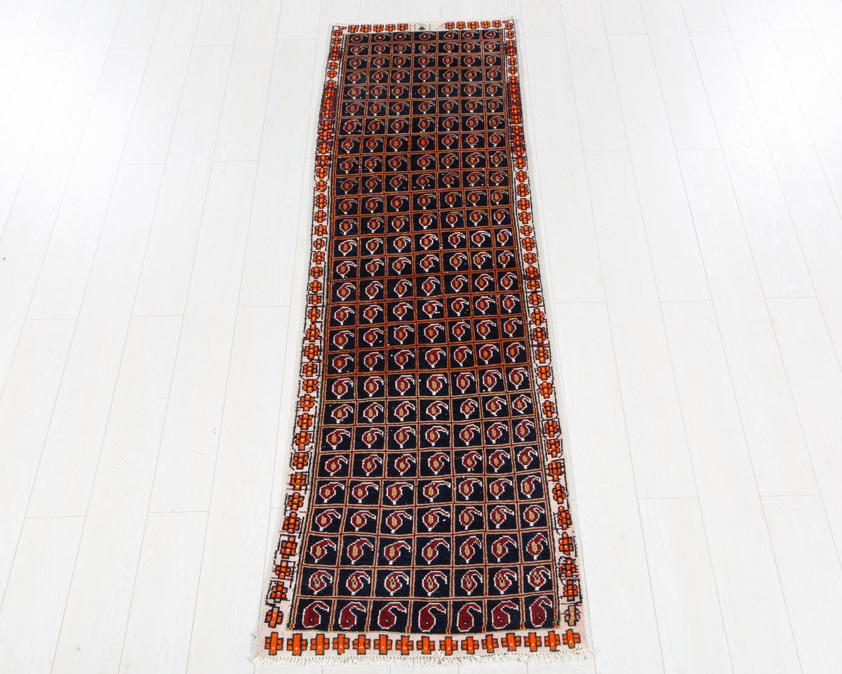Antique Navy Blue Geometric Runner Rug – 7' 5" x 2' 2" (227 x 67 cm)