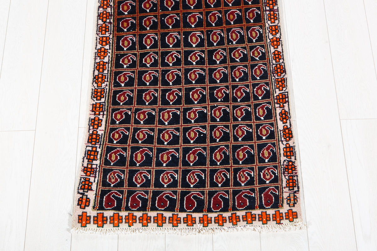 Antique Navy Blue Geometric Runner Rug – 7' 5" x 2' 2" (227 x 67 cm)