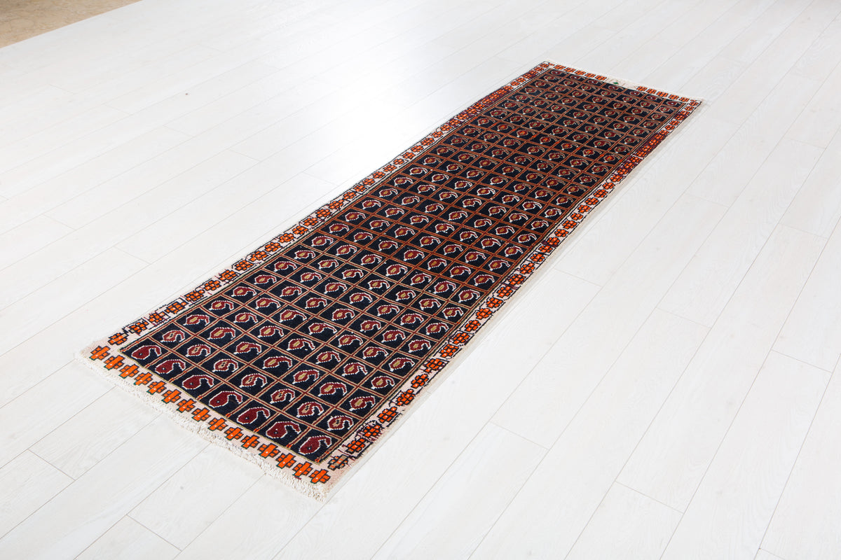 Antique Navy Blue Geometric Runner Rug – 7' 5" x 2' 2" (227 x 67 cm)