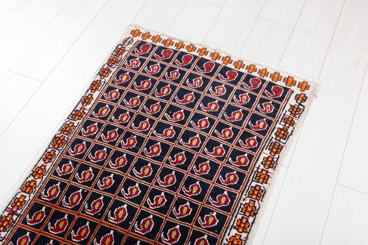 Antique Navy Blue Geometric Runner Rug – 7' 5" x 2' 2" (227 x 67 cm)