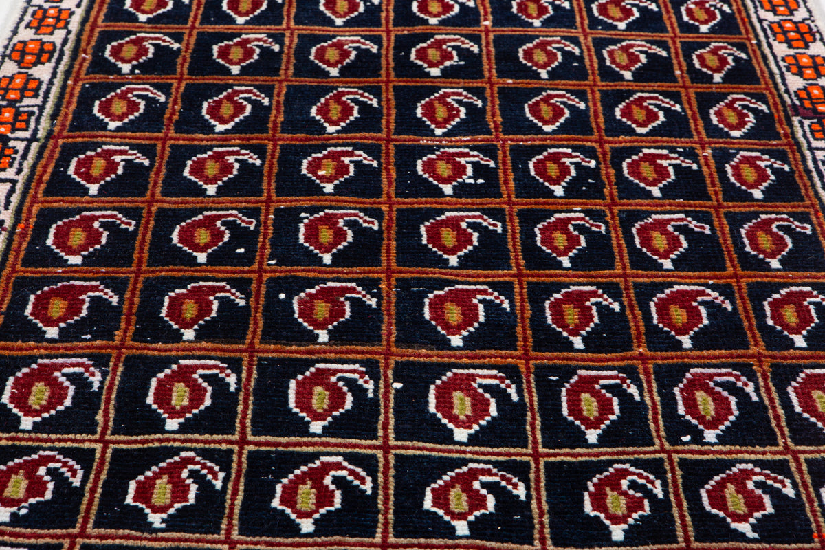 Antique Navy Blue Geometric Runner Rug – 7' 5" x 2' 2" (227 x 67 cm)