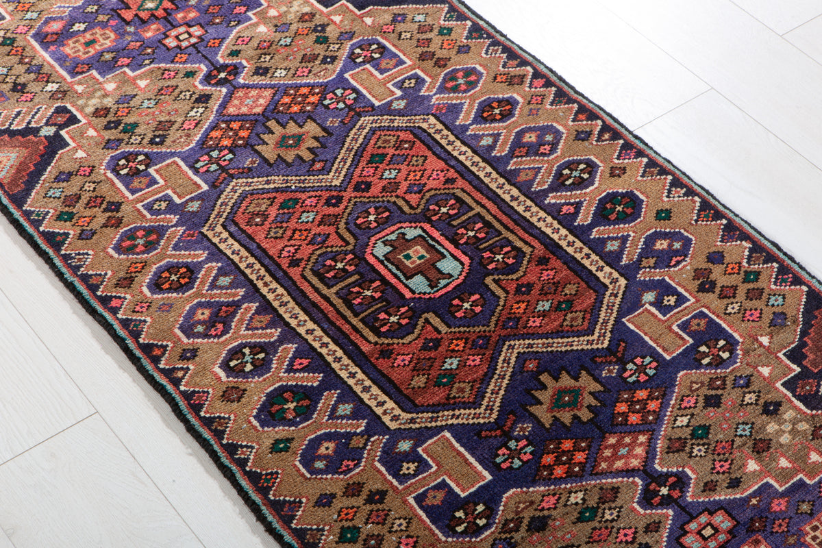Vintage Brown & Blue Geometric Runner Rug – 5' 6" x 2' 2" (167 x 67 cm)