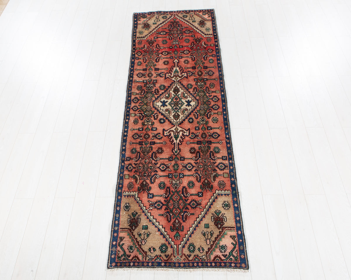 Antique Faded Rust Red & Brown Geometric Runner Rug – 9' 3" x 2' 10" (282 x 87 cm)
