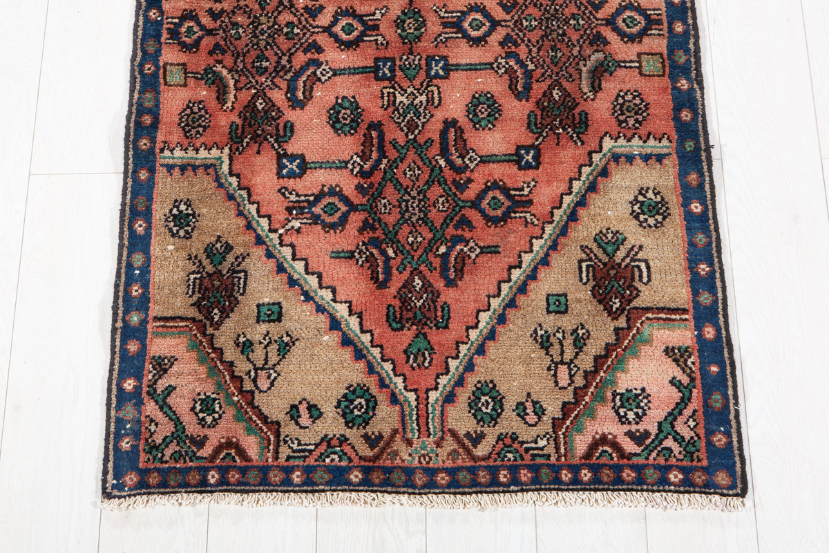 Antique Faded Rust Red & Brown Geometric Runner Rug – 9' 3" x 2' 10" (282 x 87 cm)