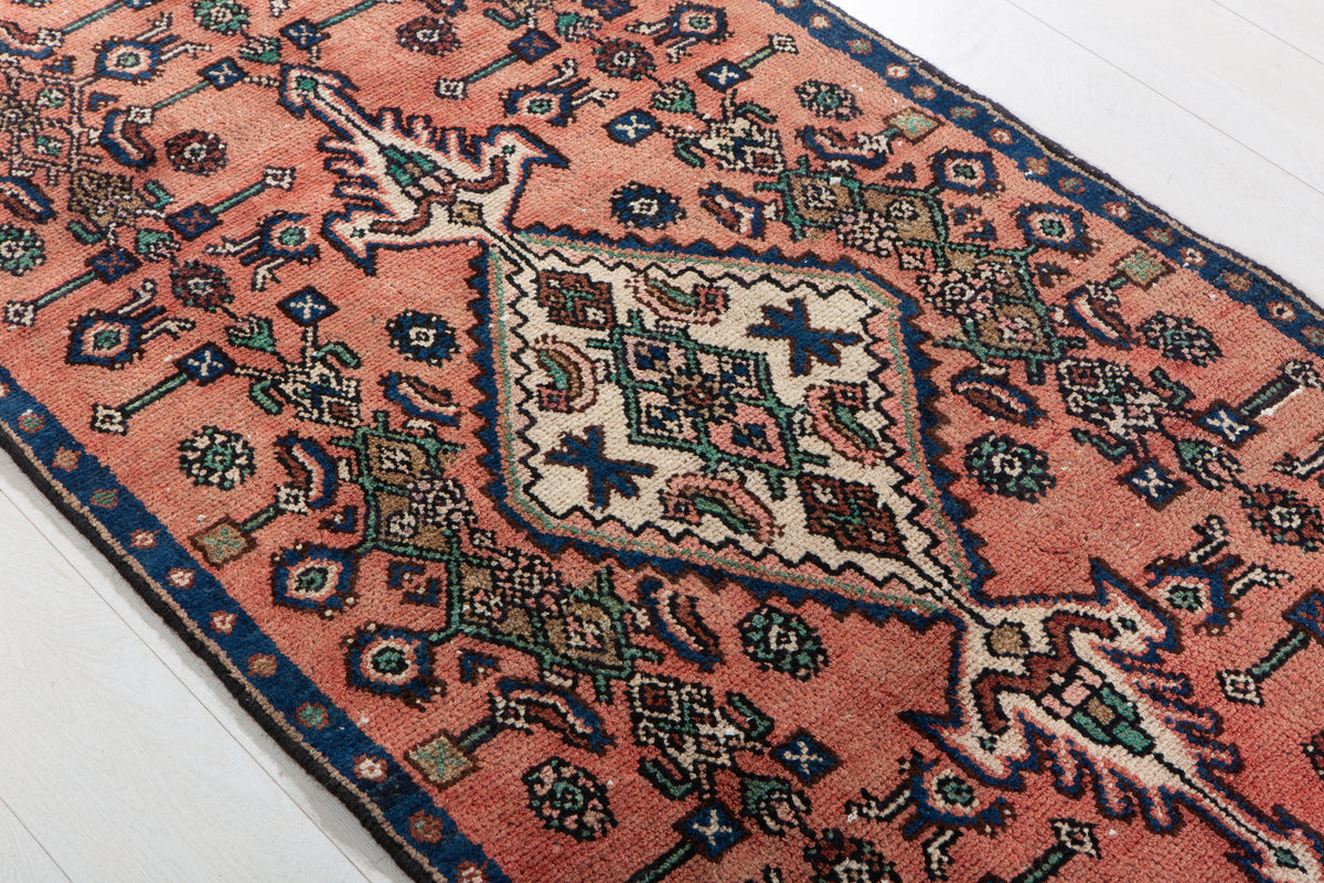 Antique Faded Rust Red & Brown Geometric Runner Rug – 9' 3" x 2' 10" (282 x 87 cm)