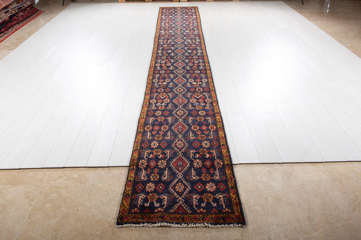 Collectible Antique Navy Blue Geometric Runner Rug – 16' 1" x 2' 2" (490 x 66 cm)
