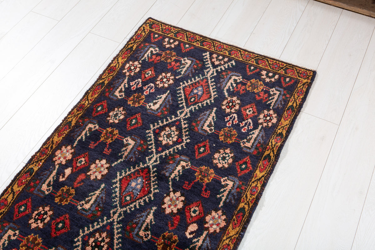 Collectible Antique Navy Blue Geometric Runner Rug – 16' 1" x 2' 2" (490 x 66 cm)