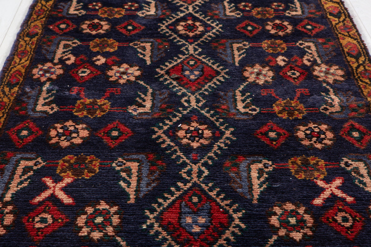 Collectible Antique Navy Blue Geometric Runner Rug – 16' 1" x 2' 2" (490 x 66 cm)
