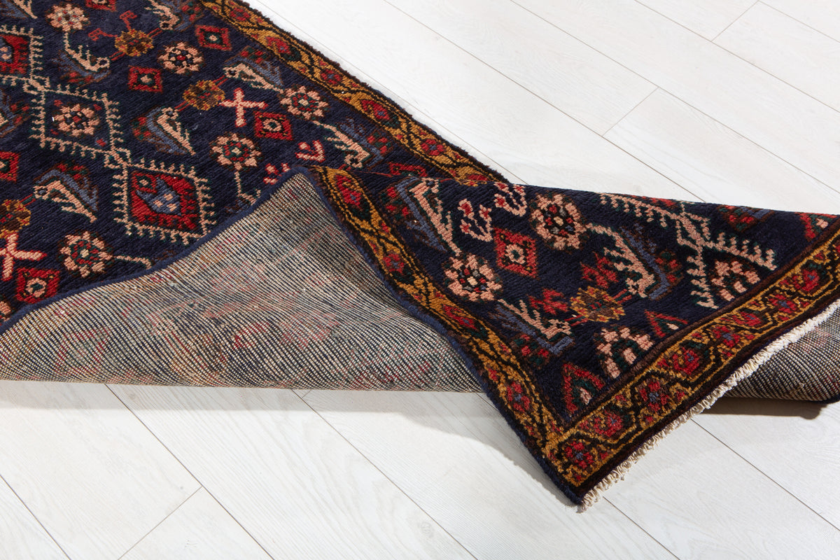 Collectible Antique Navy Blue Geometric Runner Rug – 16' 1" x 2' 2" (490 x 66 cm)