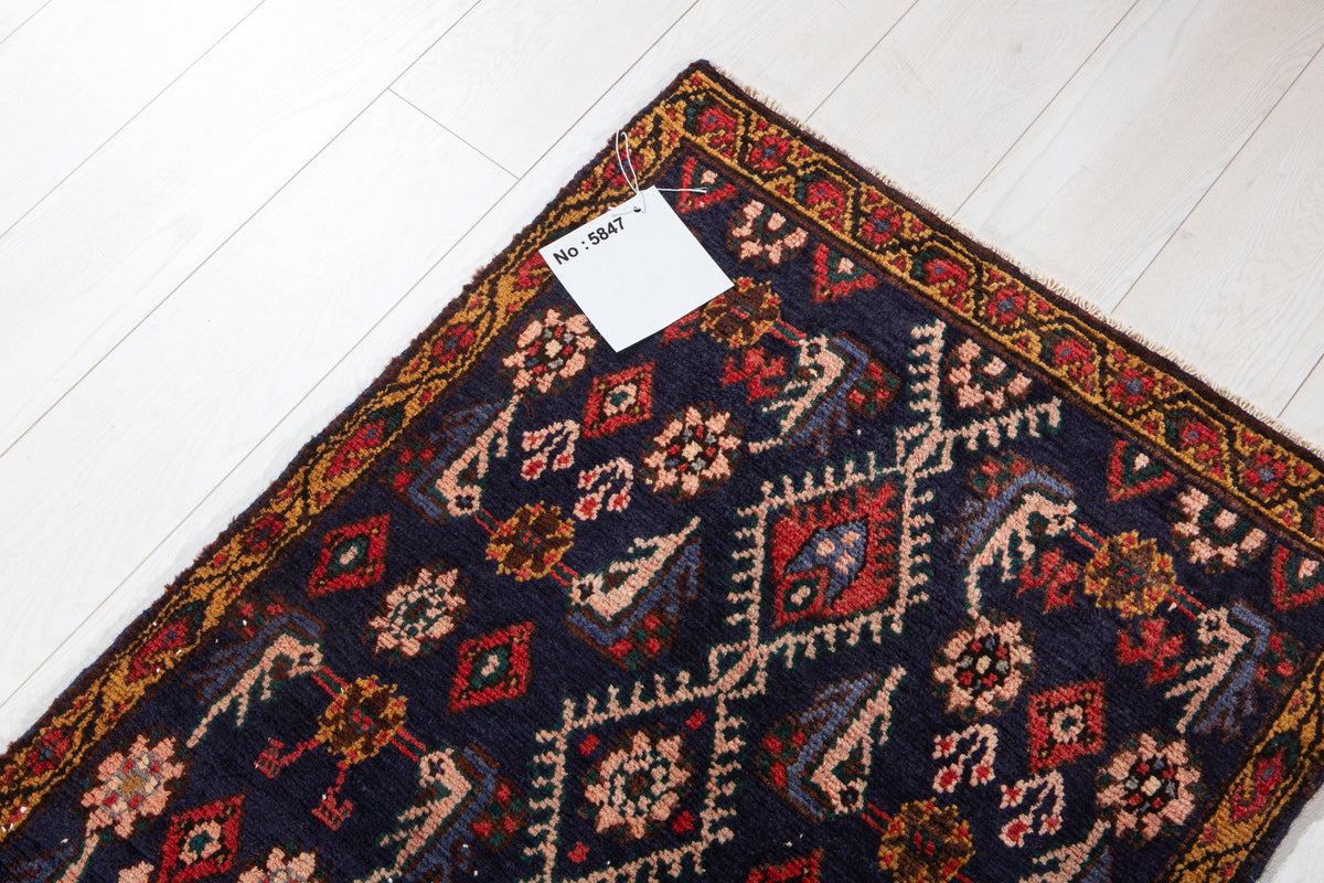 Collectible Antique Navy Blue Geometric Runner Rug – 16' 1" x 2' 2" (490 x 66 cm)