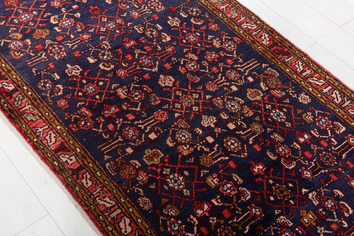 Vintage Deep Navy Blue & Red Geometric Runner Rug – 9' 5" x 3' 3" (287 x 100 cm)