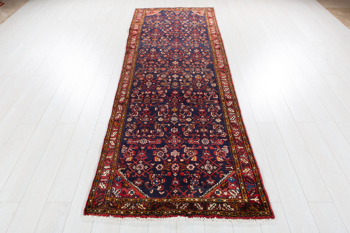 Vintage Deep Navy Blue & Red Geometric Runner Rug – 9' 5" x 3' 3" (287 x 100 cm)